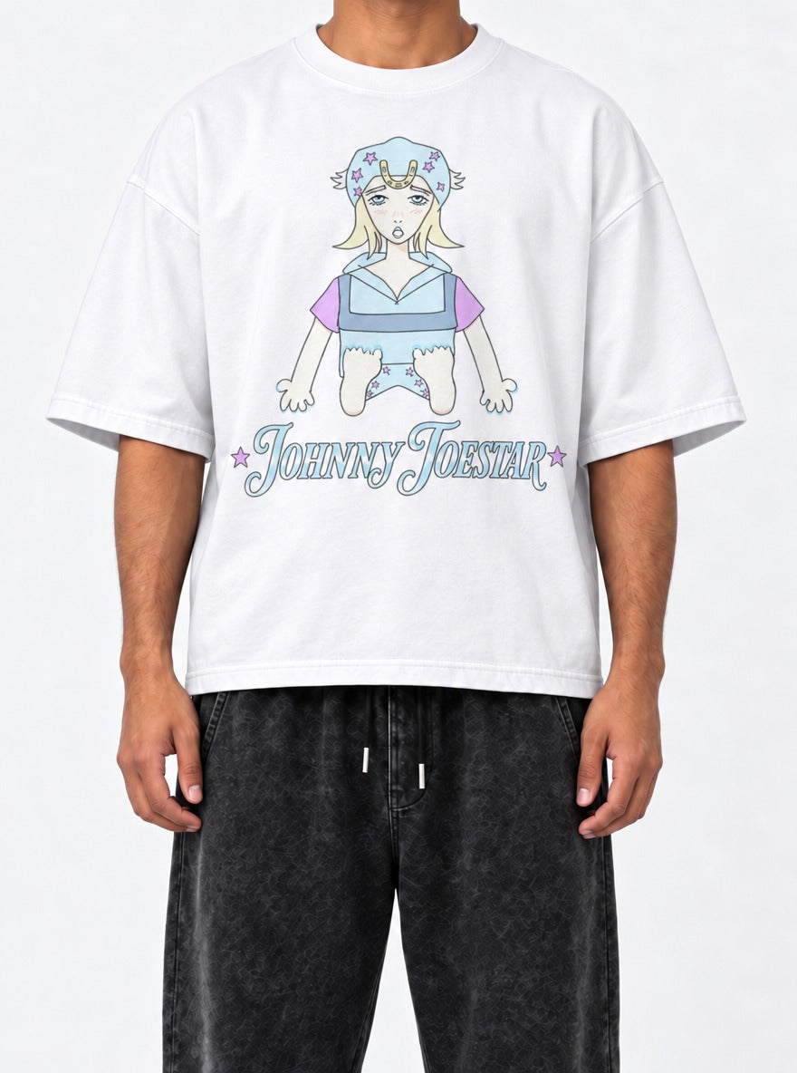 Johnny Toestar – White Tee – model shot | Meme Tees