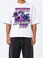 John's Average Trip – White Tee – model shot | Meme Tees
