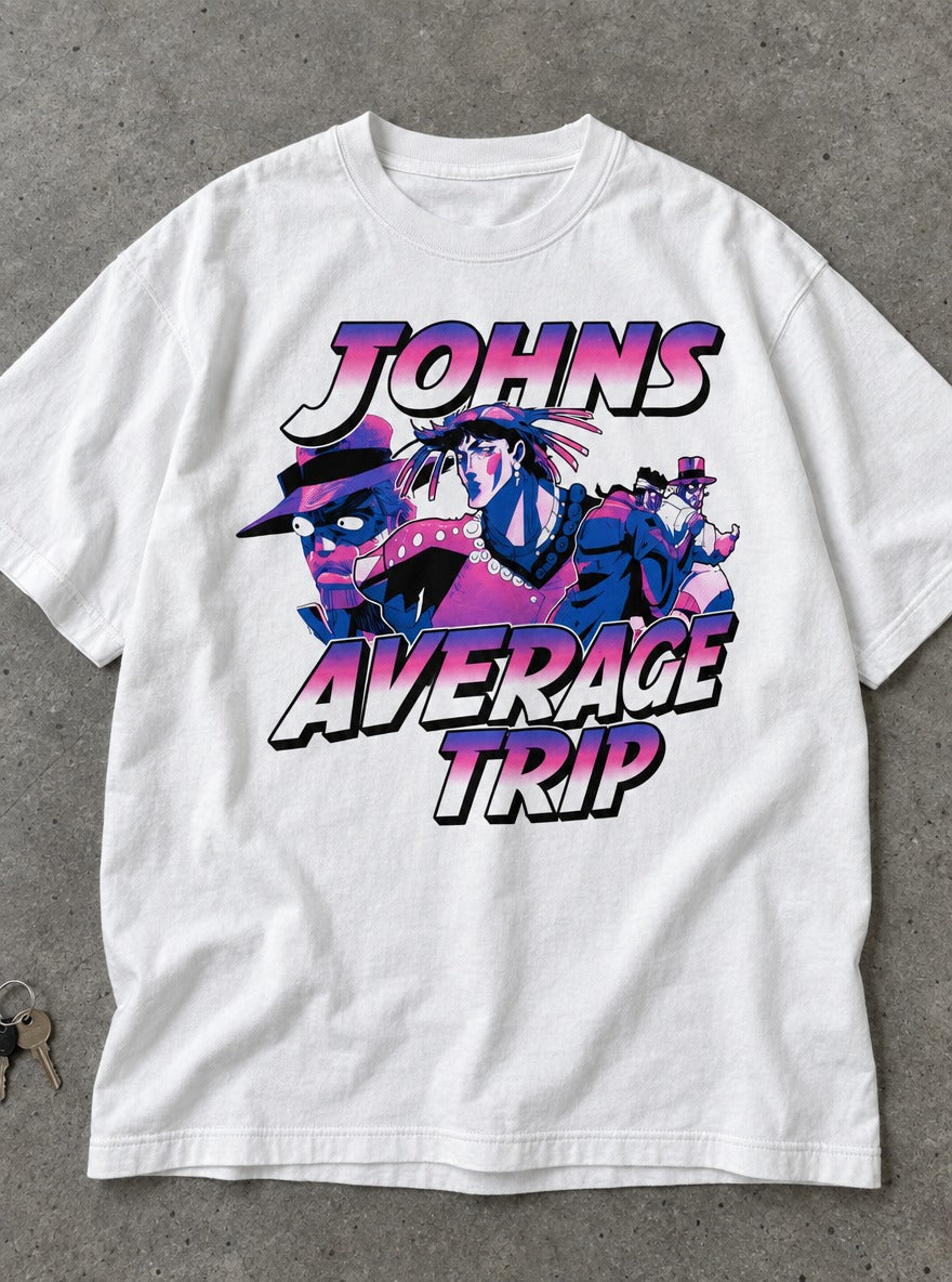 John's Average Trip – White Tee – flat-lay | Meme Tees