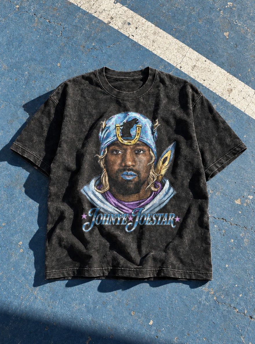 Johnye Joestar – Black Acid Wash Tee – flat-lay | Meme Tees