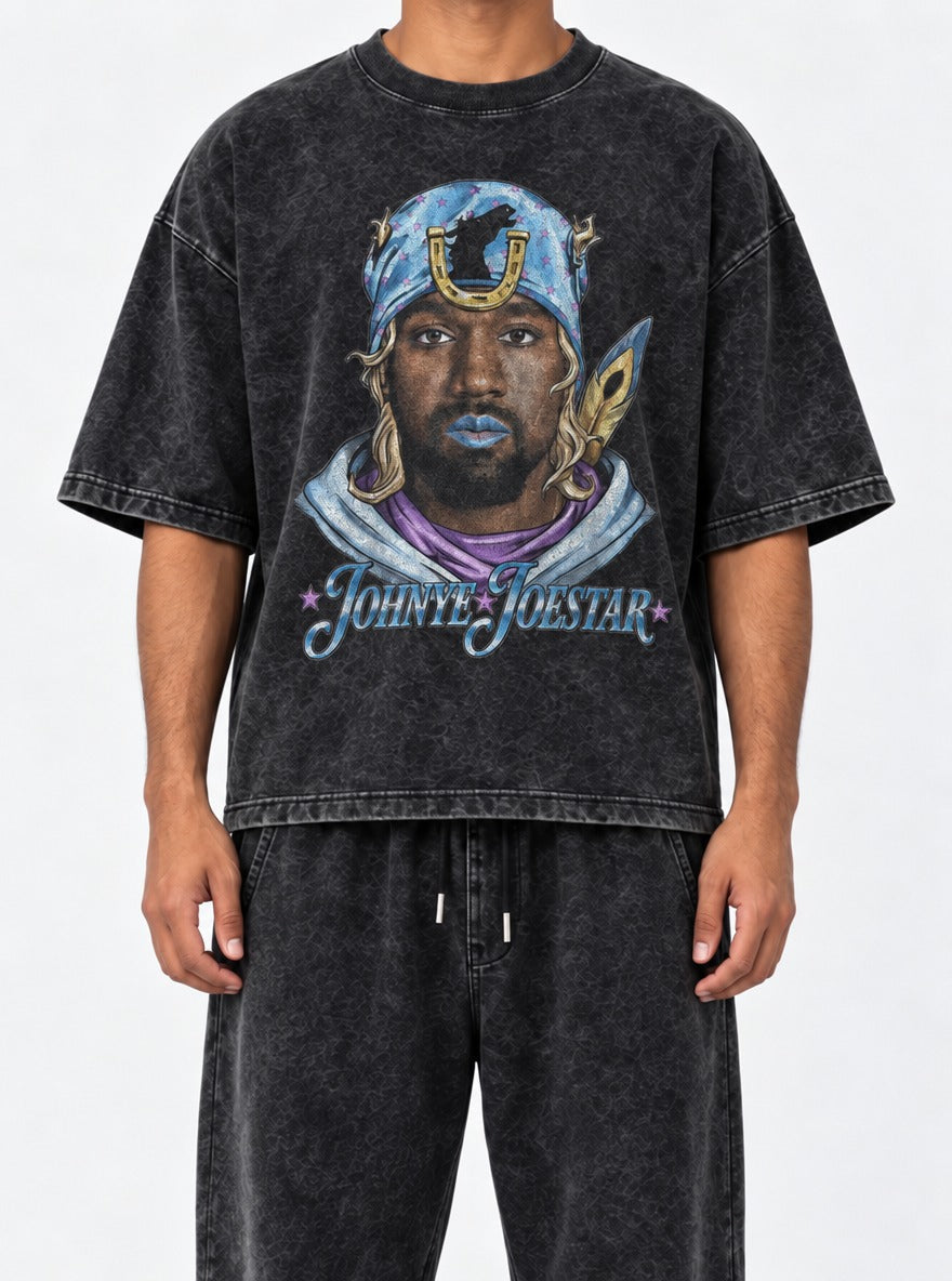 Johnye Joestar – Black Acid Wash Tee – model shot | Meme Tees