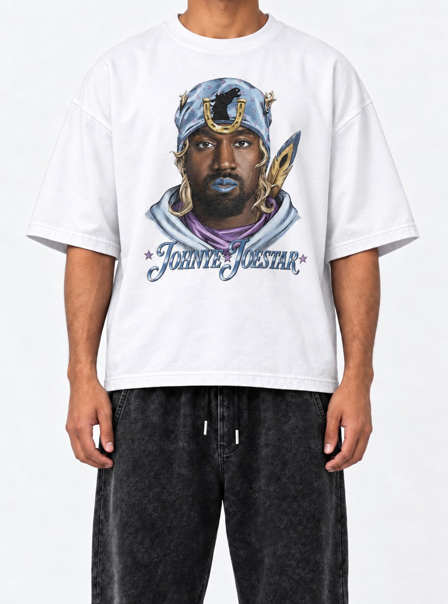 Johnye Joestar – White Tee – model shot | Meme Tees
