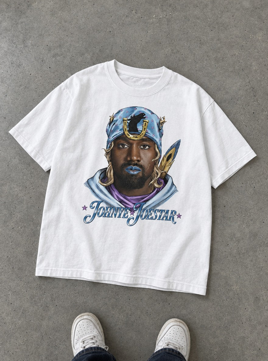 Johnye Joestar – White Tee – flat-lay | Meme Tees