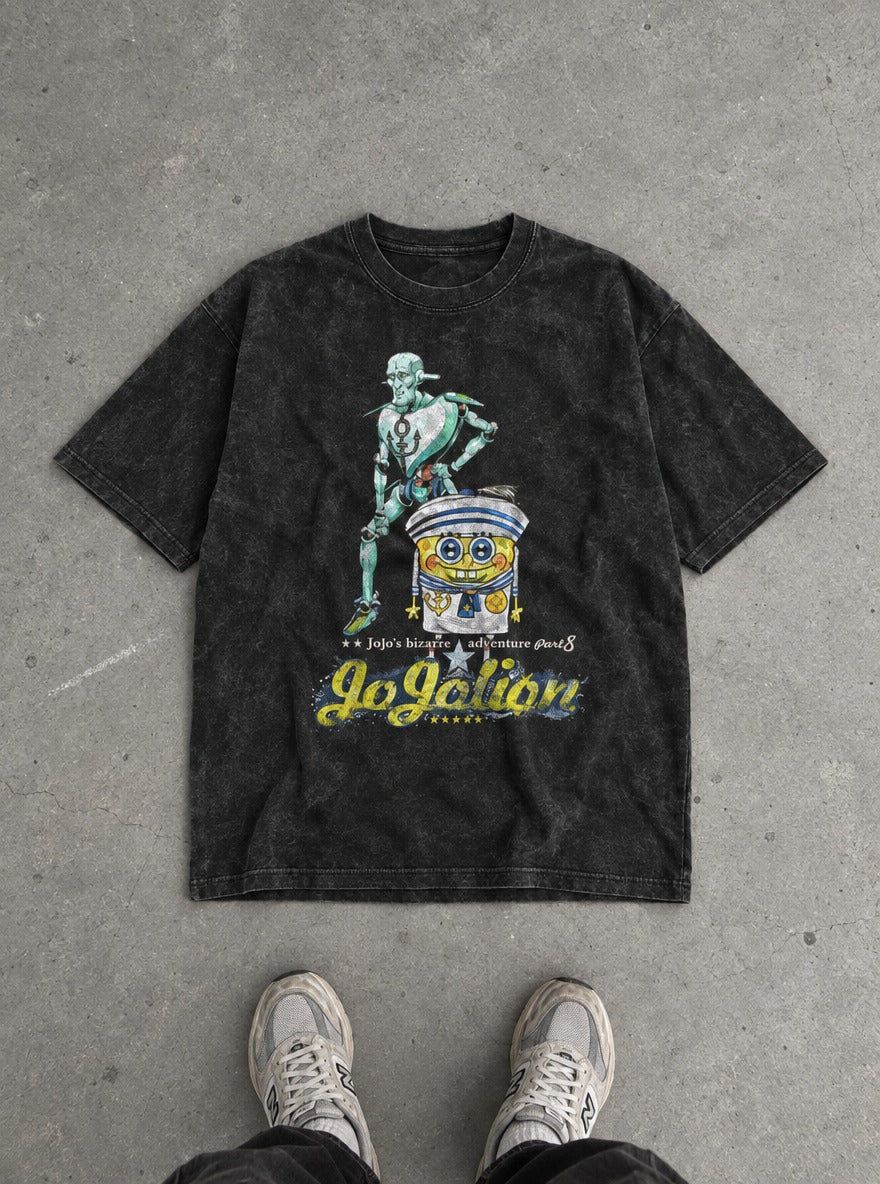 Jojolion – Black Acid Wash Tee – flat-lay | Meme Tees