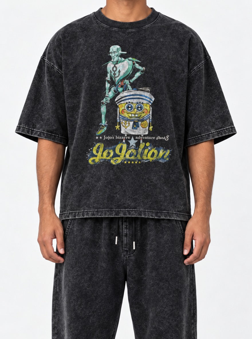 Jojolion – Black Acid Wash Tee – model shot | Meme Tees