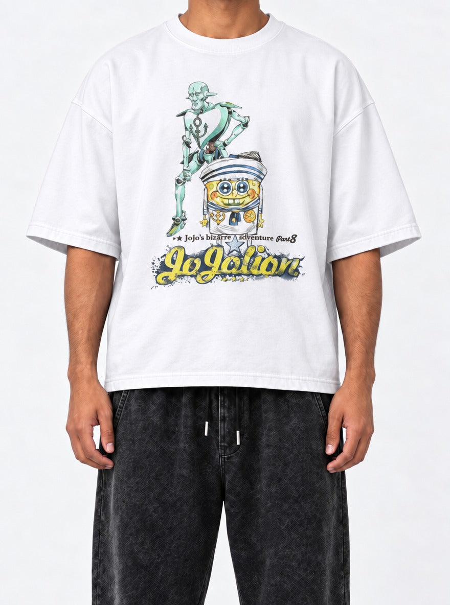 Jojolion – White Tee – model shot | Meme Tees