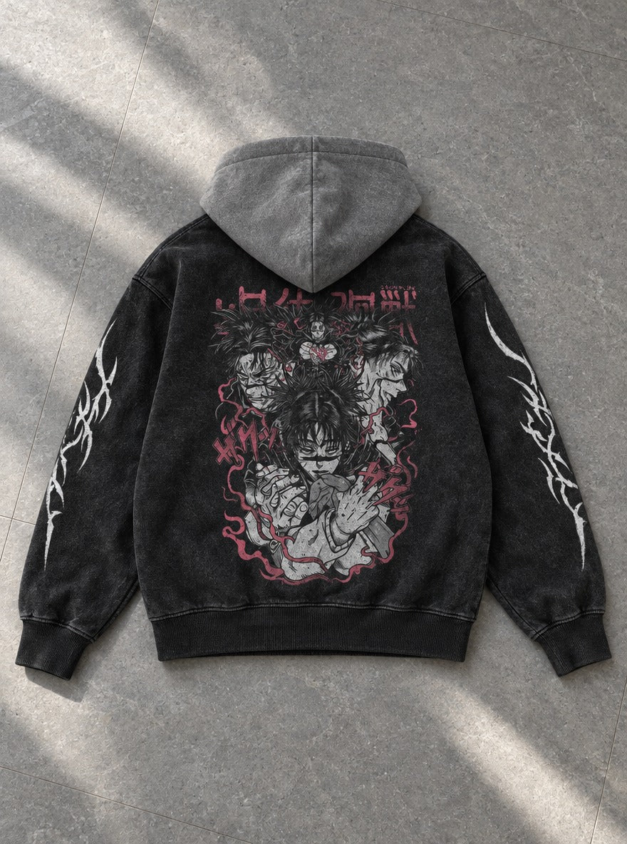 Choso Piercing Blood – Black & Grey Hoodie – flat-lay | Jujutsu Kaisen