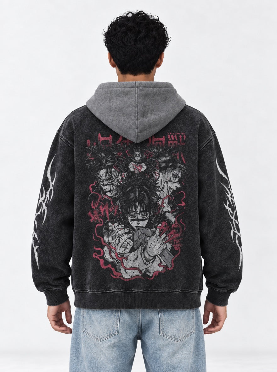 Choso Piercing Blood – Black & Grey Hoodie – model shot | Jujutsu Kaisen