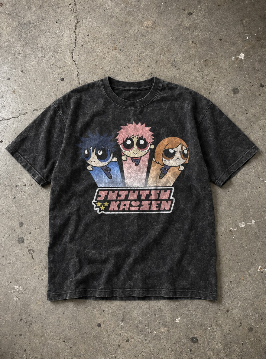 Jujutsu Kaisen Powerpuff – Black Acid Wash Tee – flat-lay | Meme Tees