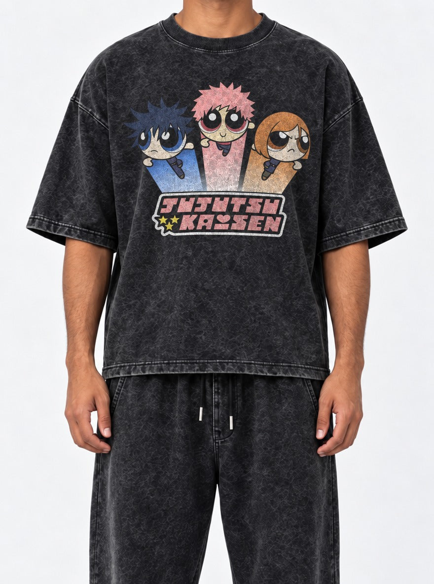 Jujutsu Kaisen Powerpuff – Black Acid Wash Tee – model shot | Meme Tees