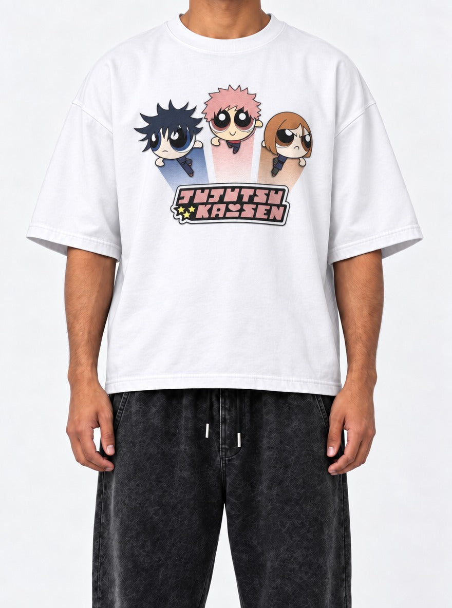 Jujutsu Kaisen Powerpuff – White Tee – model shot | Meme Tees