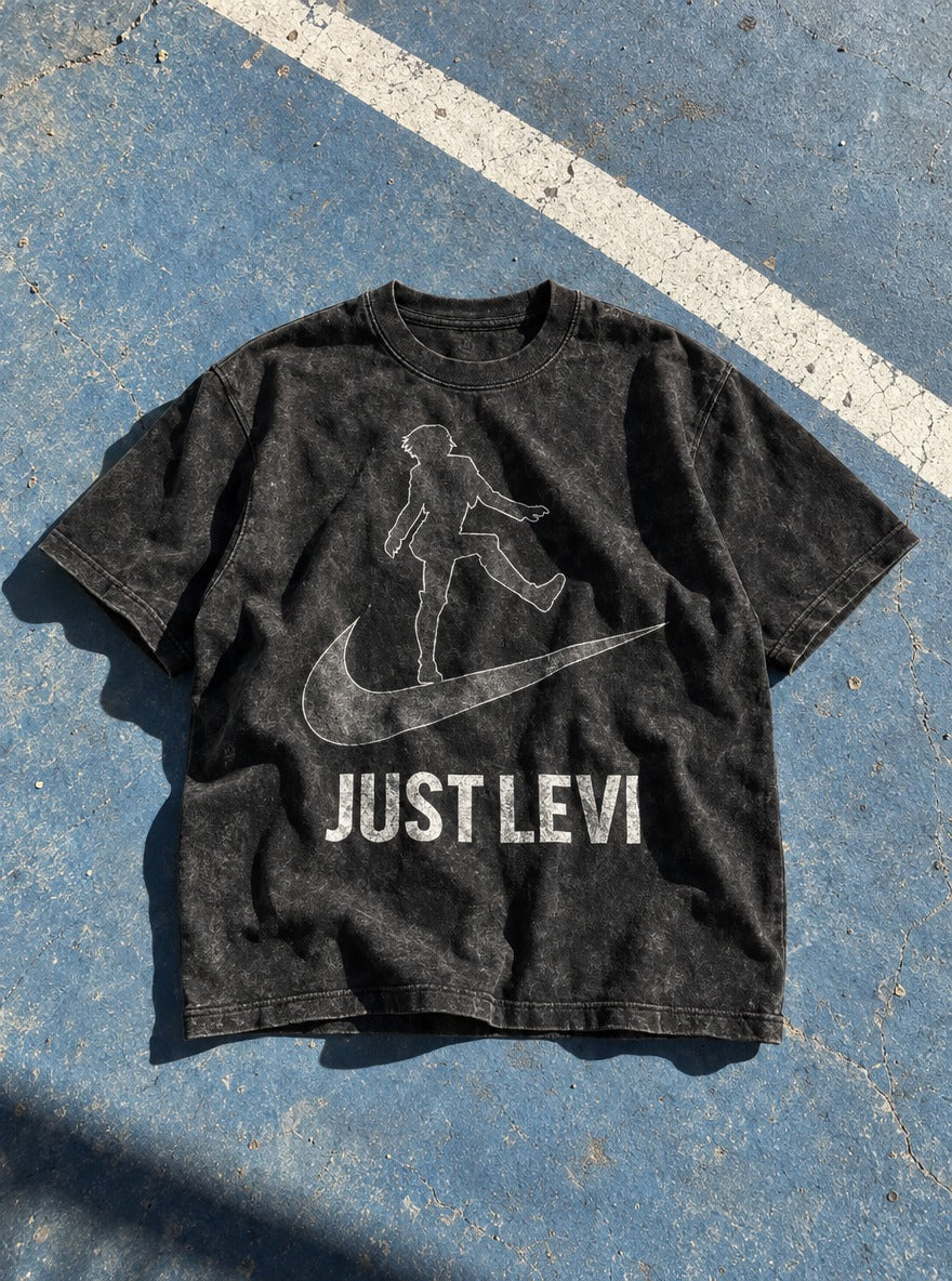 Just Levi – Black Acid Wash Tee – flat-lay | Meme Tees