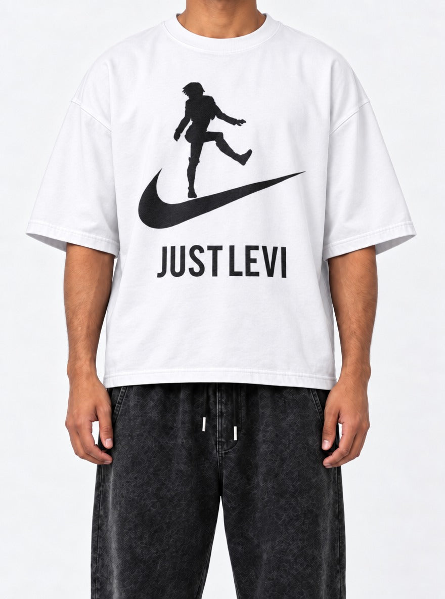 Just Levi – White Tee – model shot | Meme Tees