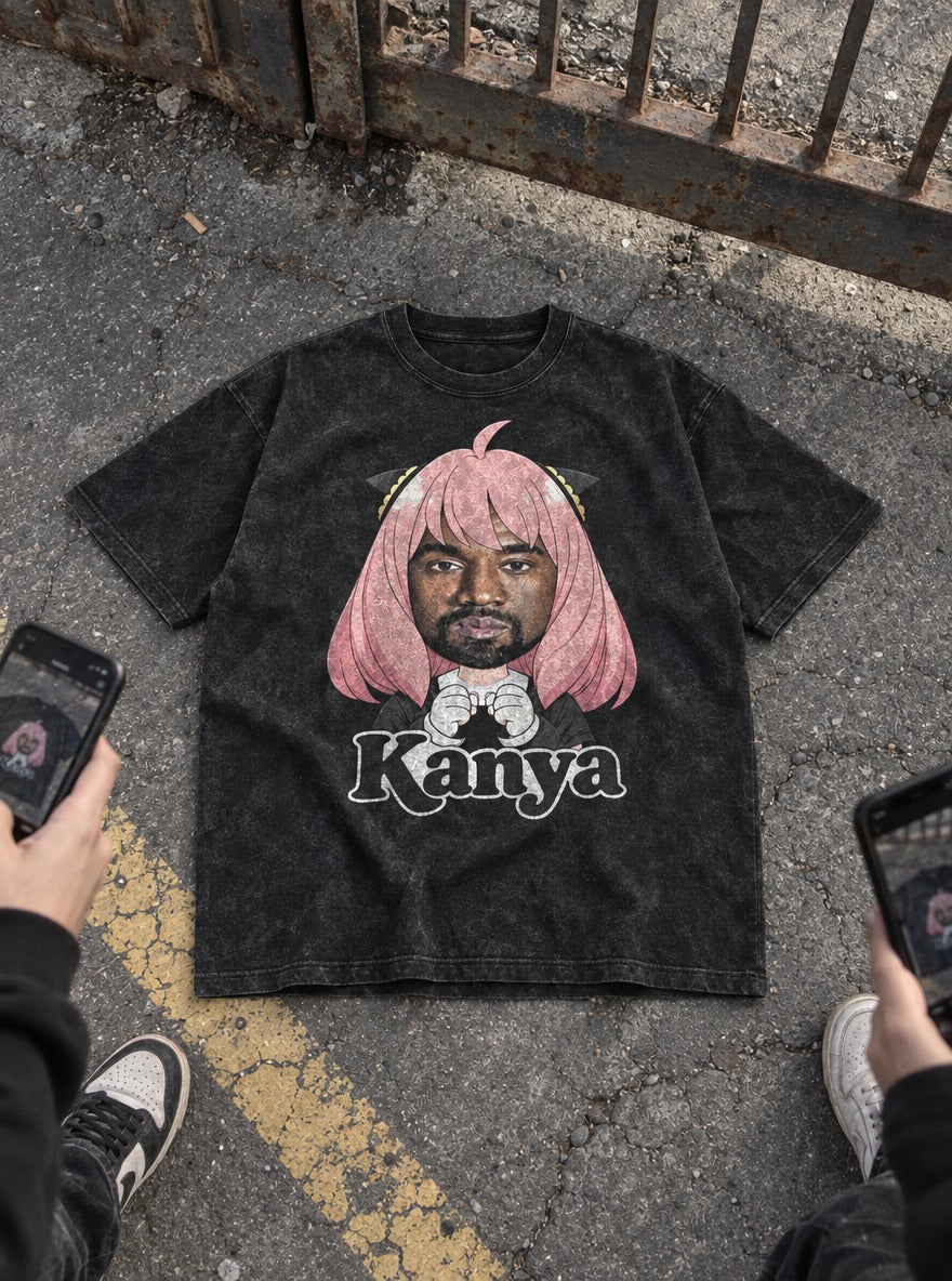 Kanya – Black Acid Wash Tee – flat-lay | Meme Tees