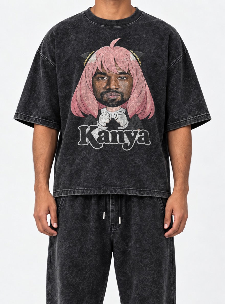 Kanya – Black Acid Wash Tee – model shot | Meme Tees
