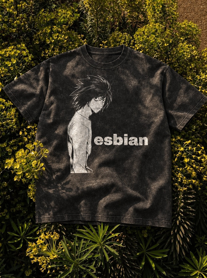 L Esbian – Black Acid Wash Tee – flat-lay | Meme Tees