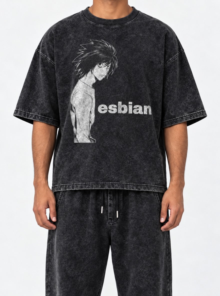 L Esbian – Black Acid Wash Tee – model shot | Meme Tees