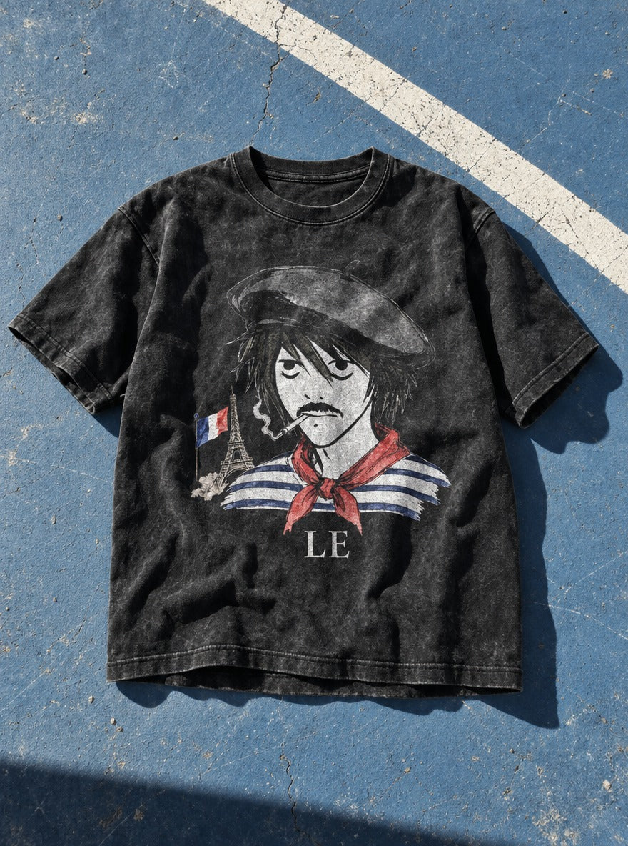 Le D Note – Black Acid Wash Tee – flat-lay | Meme Tees