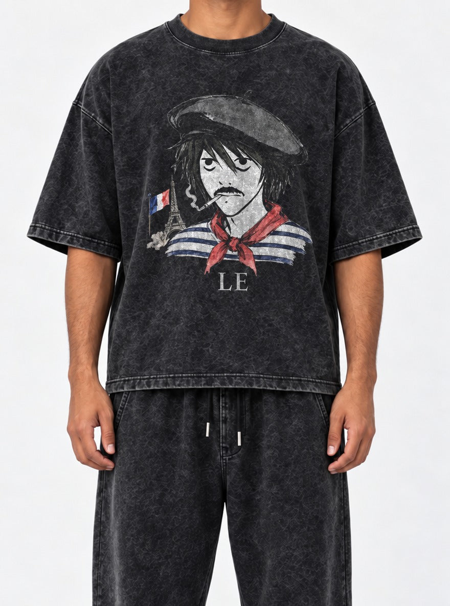 Le D Note – Black Acid Wash Tee – model shot | Meme Tees