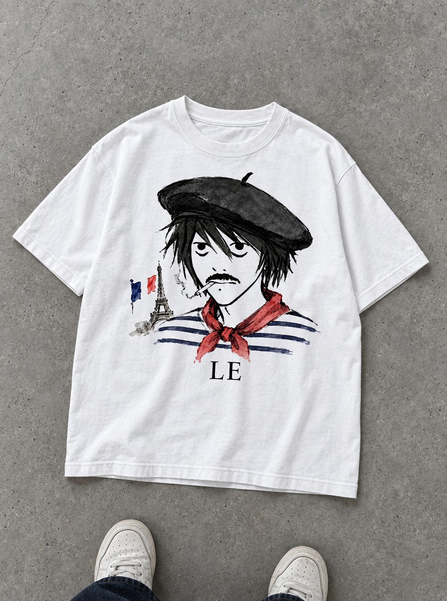Le D Note – White Tee – flat-lay | Meme Tees