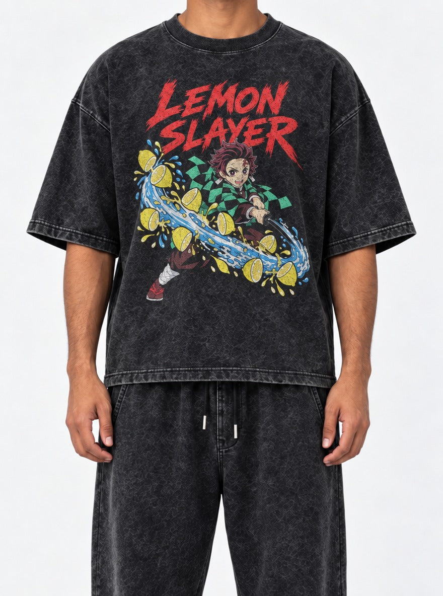 Lemon Slayer – Black Acid Wash Tee – model shot | Meme Tees