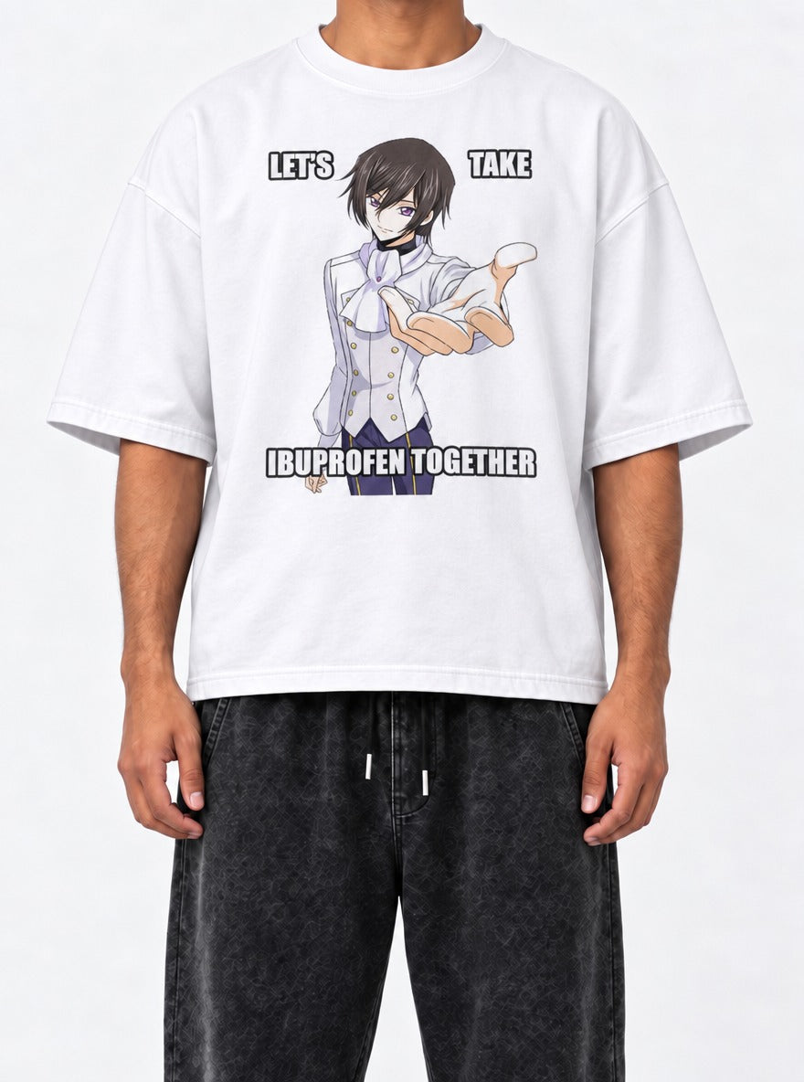 Let's Take Ibuprofen – White Tee – model shot | Meme Tees