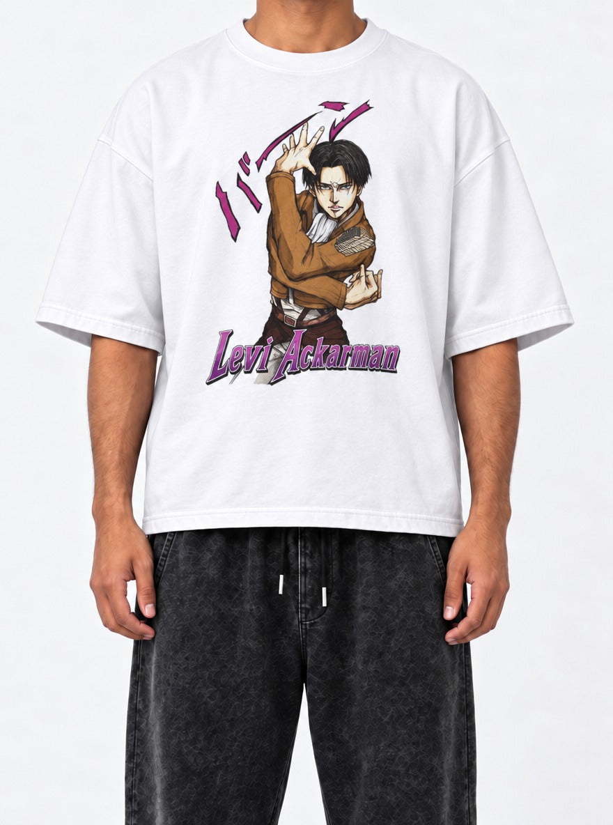 Levi Ackerman – White Tee – model shot | Meme Tees