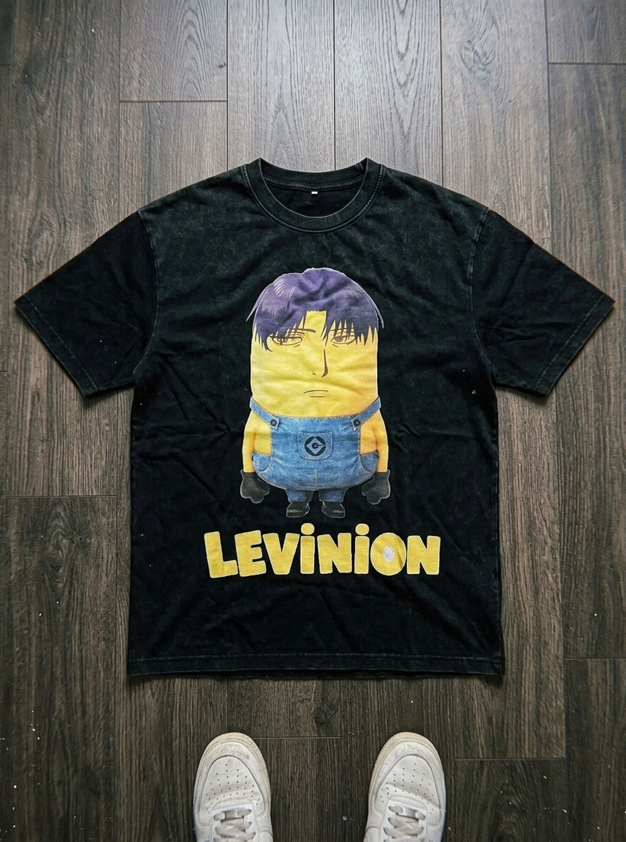 Levinion – Black Acid Wash Tee – flat-lay | Meme Tees