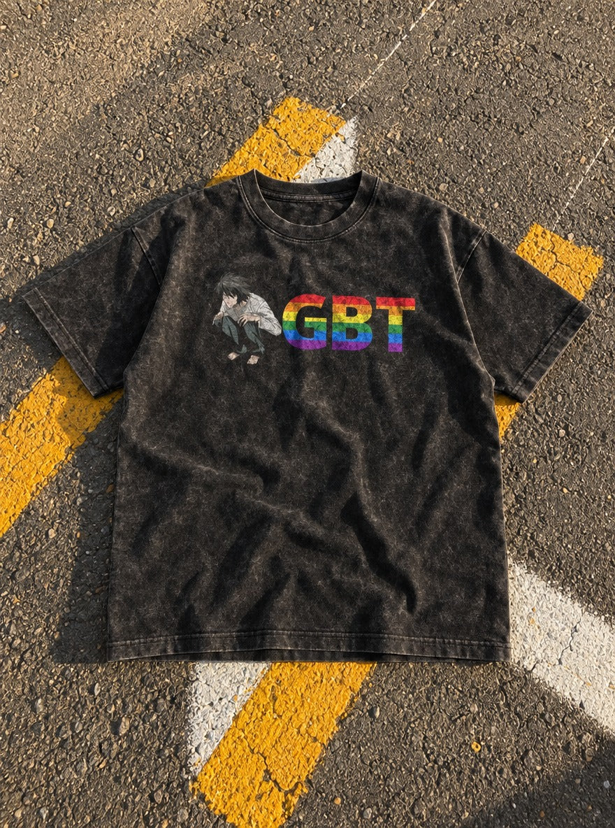 LGBT – Black Acid Wash Tee – flat-lay | Meme Tees