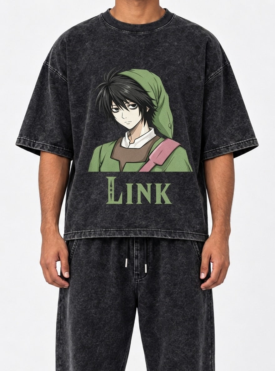 Link Lawliet – Black Acid Wash Tee – model shot | Meme Tees