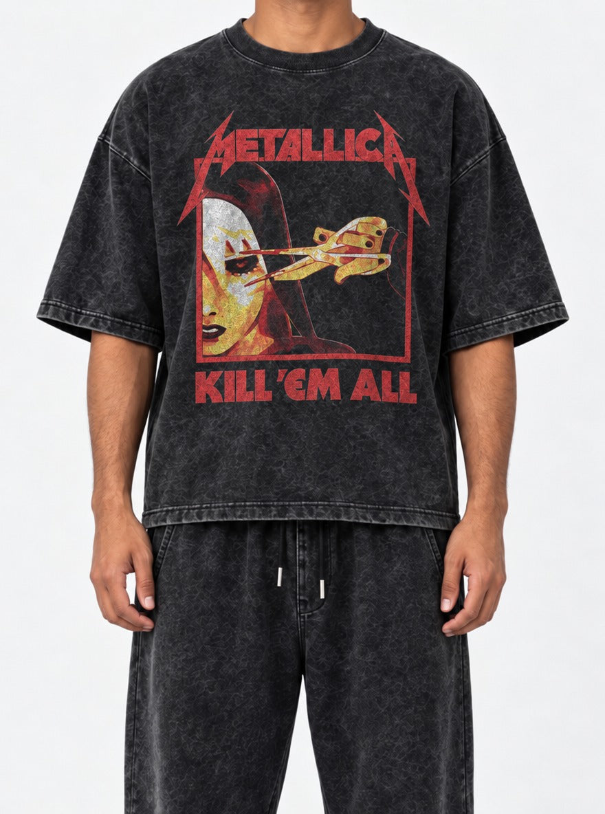 Metallica – Black Acid Wash Tee – model shot | Meme Tees