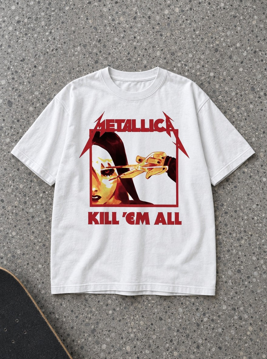 Metallica – White Tee – flat-lay | Meme Tees