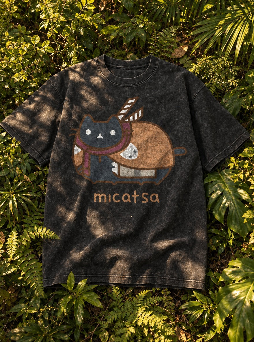 Micatsa – Black Acid Wash Tee – flat-lay | Meme Tees