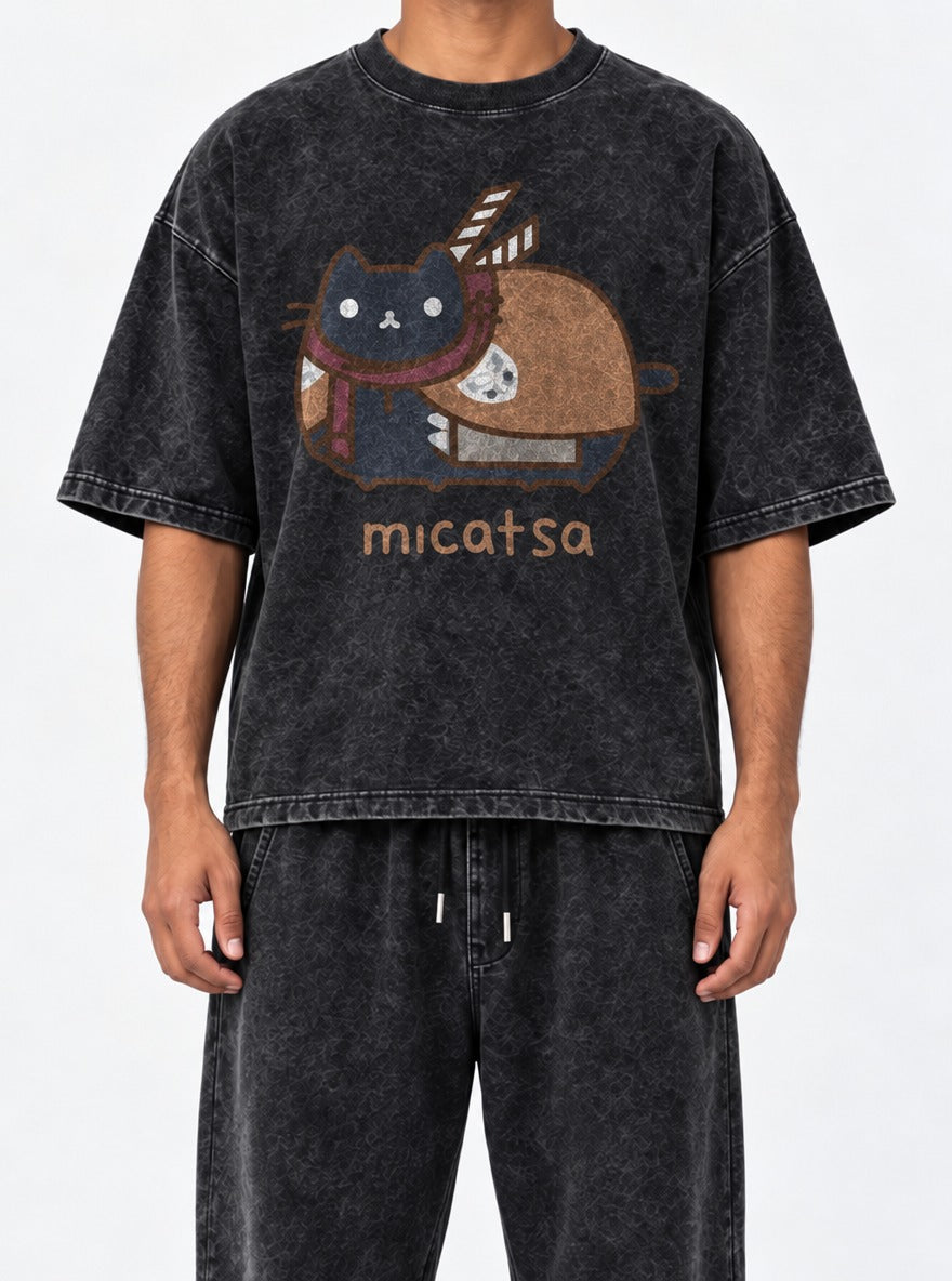 Micatsa – Black Acid Wash Tee – model shot | Meme Tees