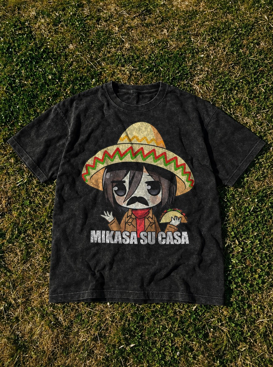 Mikasa Su Casa – Black Acid Wash Tee – flat-lay | Meme Tees
