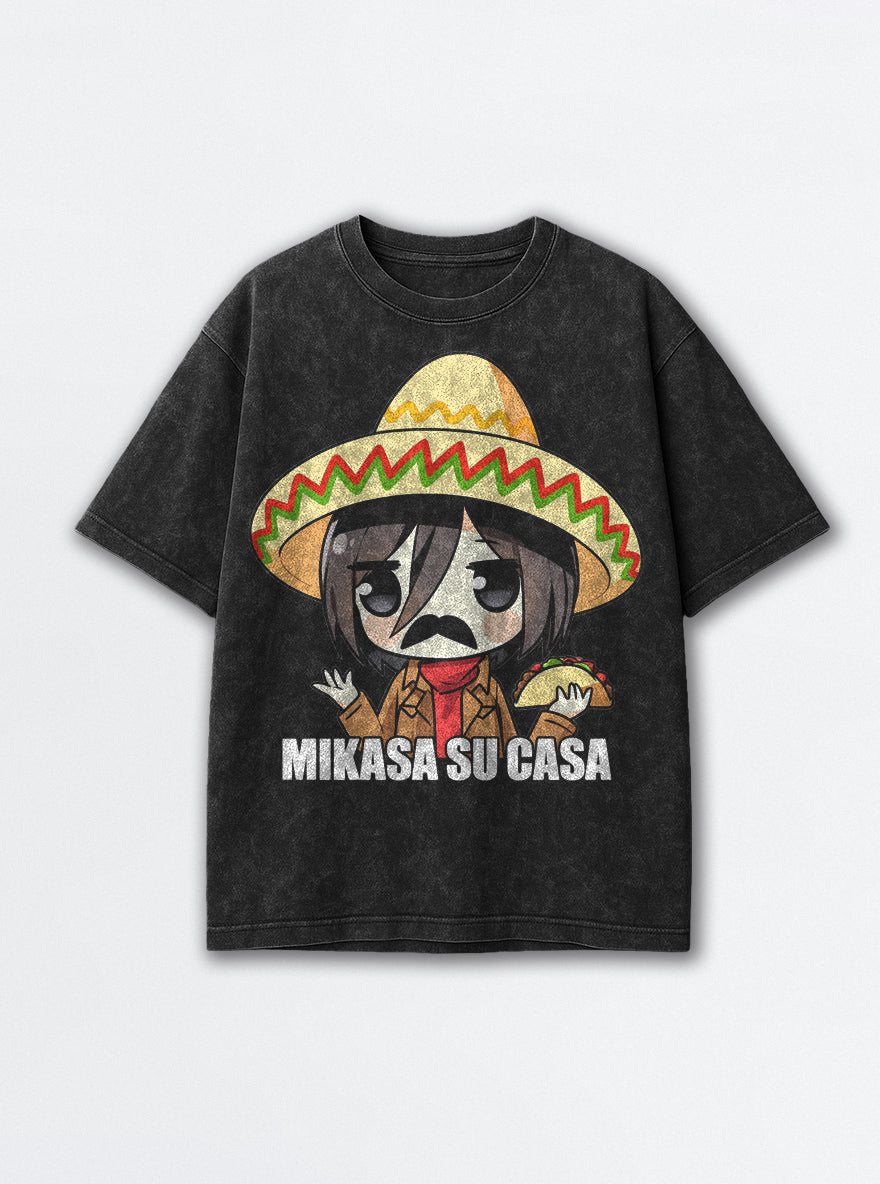 Mikasa Su Casa – Black Acid Wash Tee – mockup | Meme Tees