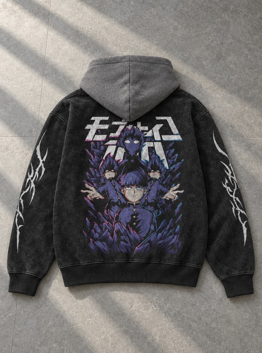 Mob Shadows – Black & Grey Hoodie – flat-lay | Mob Psycho 100