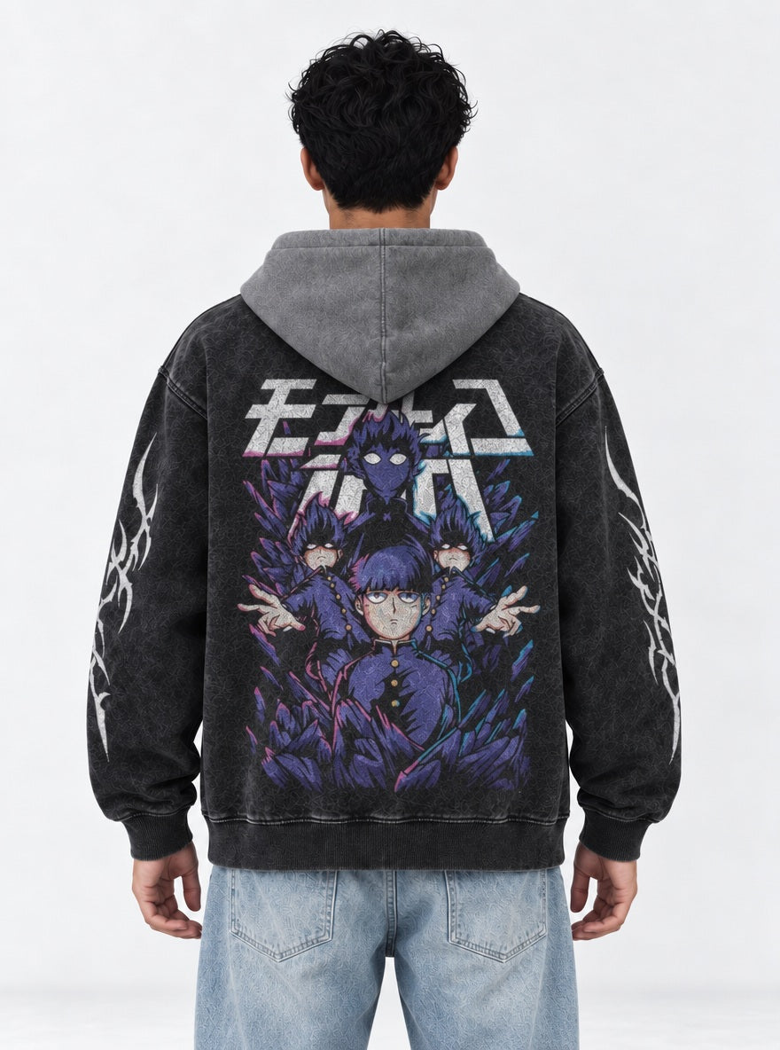 Mob Shadows – Black & Grey Hoodie – model shot | Mob Psycho 100