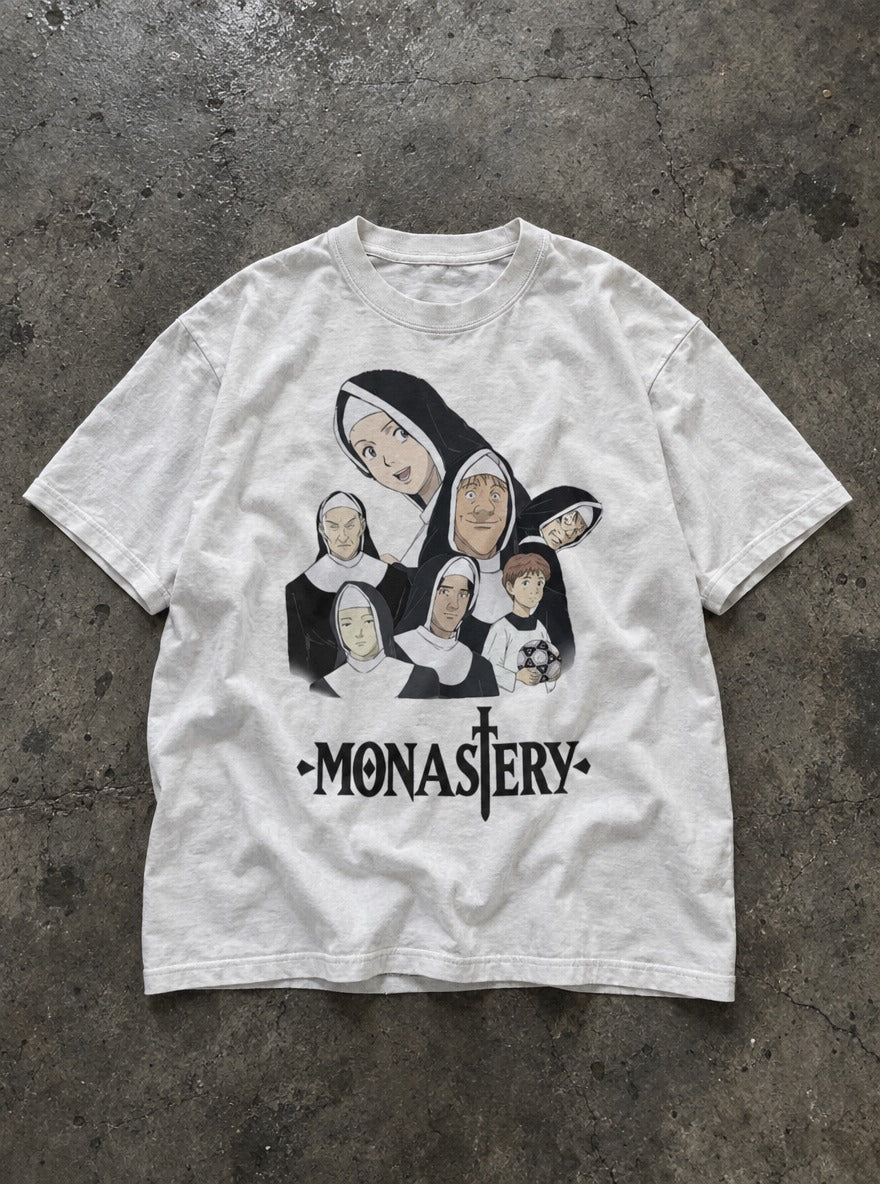 Monastery – White Tee – flat-lay | Meme Tees