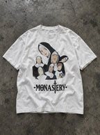 Monastery – White Tee – flat-lay | Meme Tees