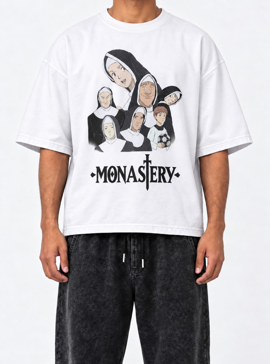 Monastery – White Tee – model shot | Meme Tees