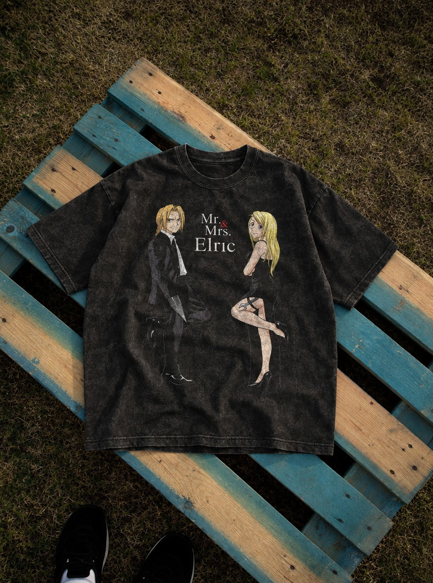 Mr. & Mrs. Elric – Black Acid Wash Tee – flat-lay | Meme Tees