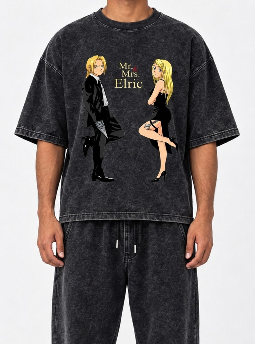 Mr. & Mrs. Elric – Black Acid Wash Tee – model shot | Meme Tees