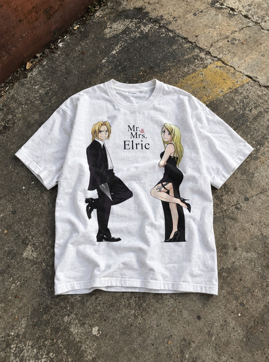 Mr. & Mrs. Elric – White Tee – flat-lay | Meme Tees