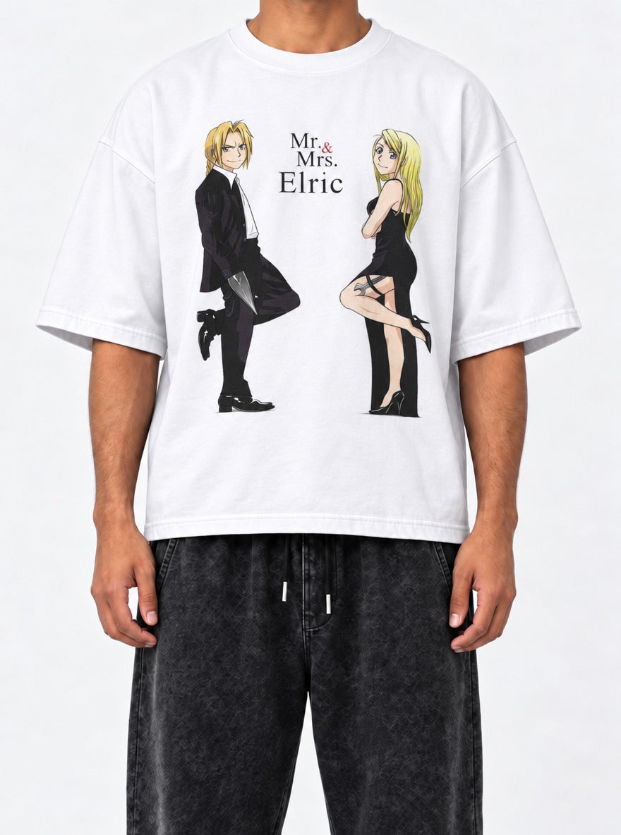Mr. & Mrs. Elric – White Tee – model shot | Meme Tees