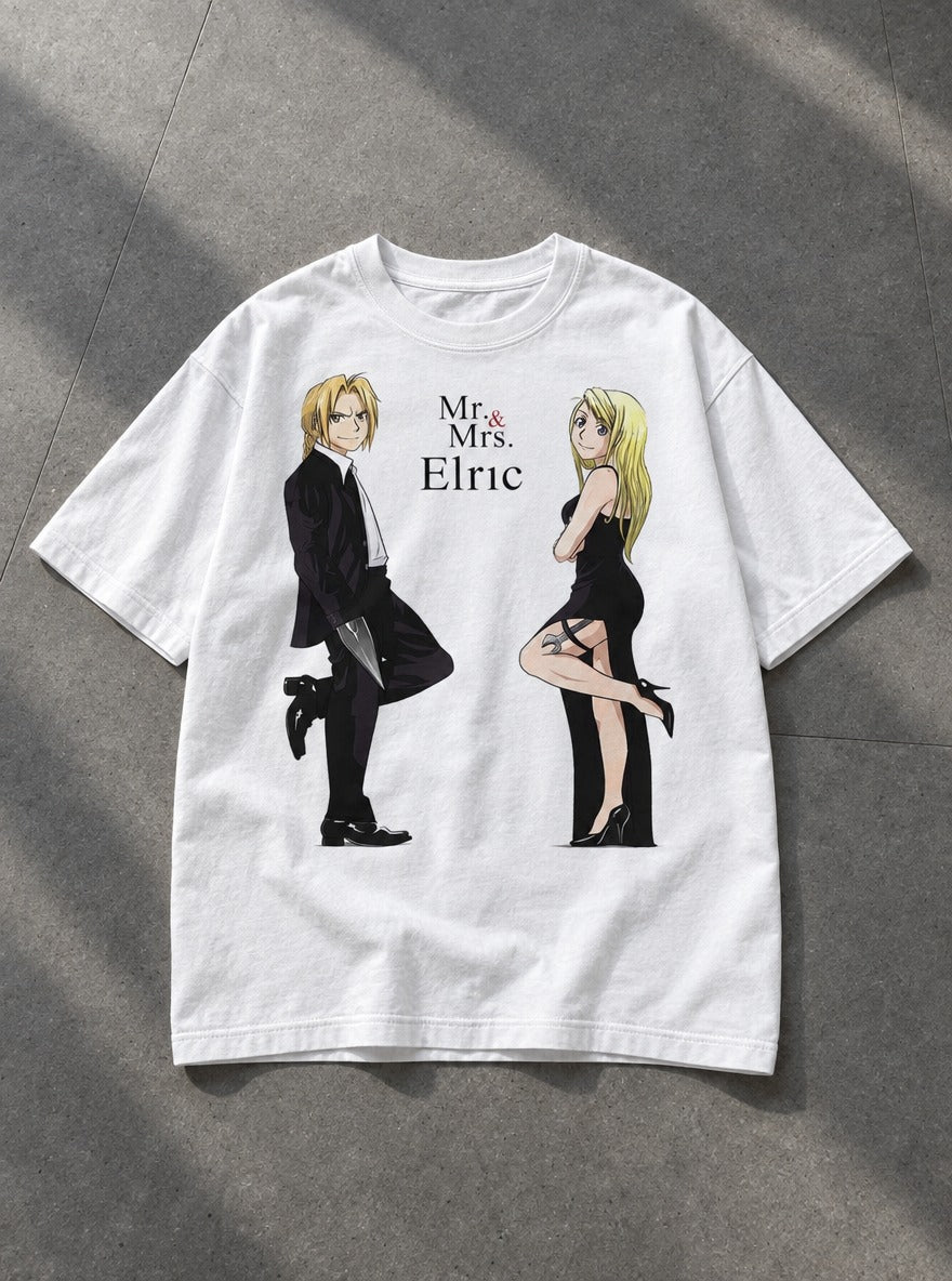 Mr. & Mrs. Elric – White Tee – flat-lay | Meme Tees