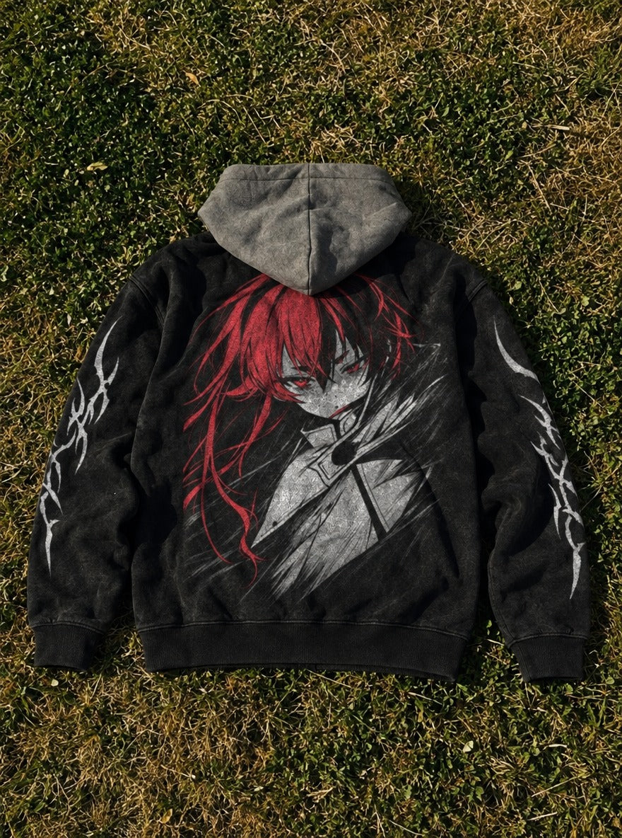 Crimson Sketch – Black & Grey Hoodie – flat-lay | Mushoku Tensei
