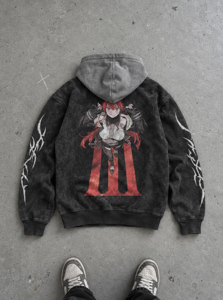 Crimson Stride – Black & Grey Hoodie – flat-lay | Mushoku Tensei