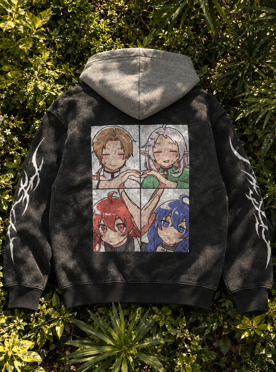 Heartbound Quartet – Black & Grey Hoodie – flat-lay | Mushoku Tensei