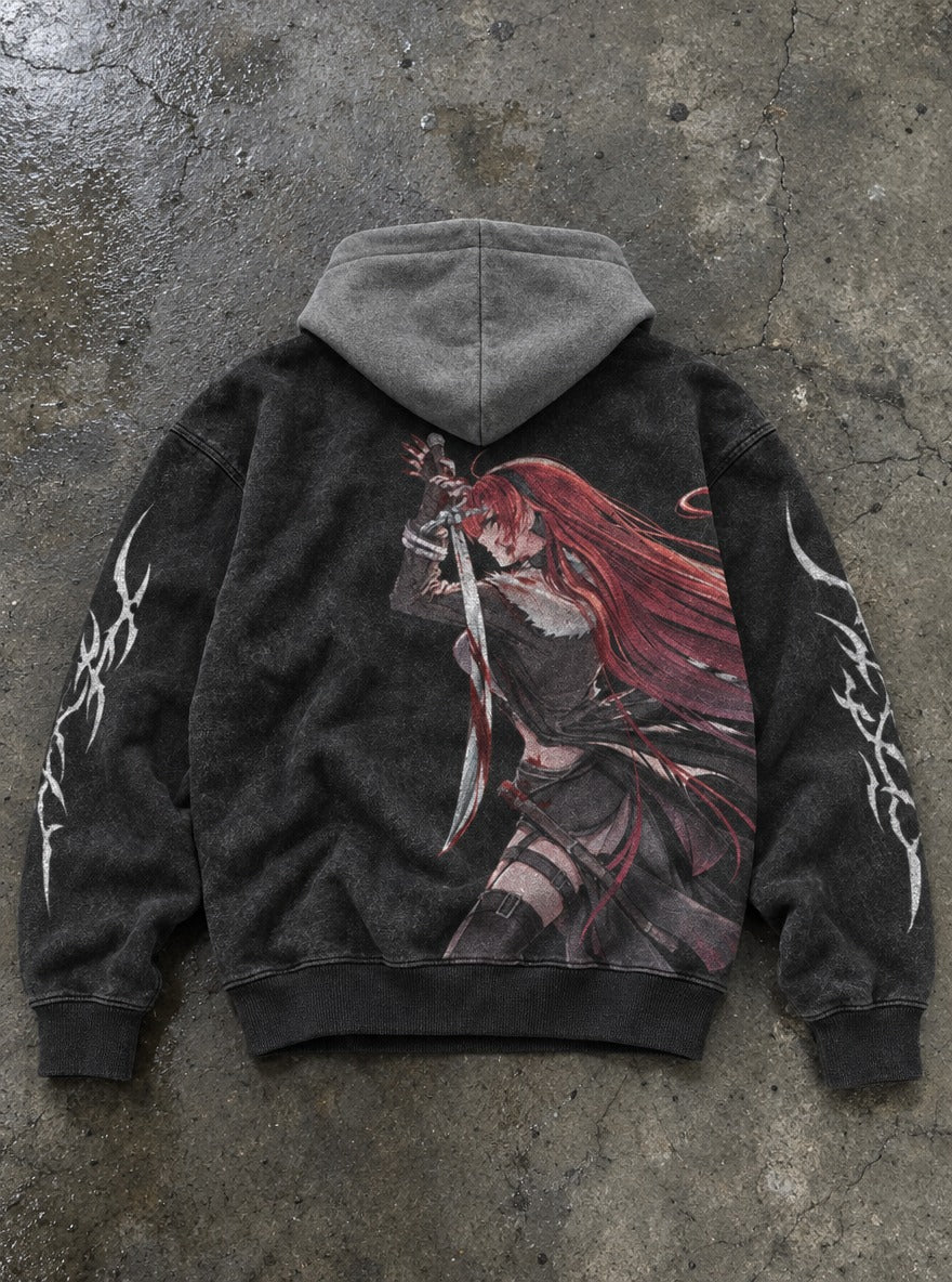Scarlet Fury – Black & Grey Hoodie – flat-lay | Mushoku Tensei
